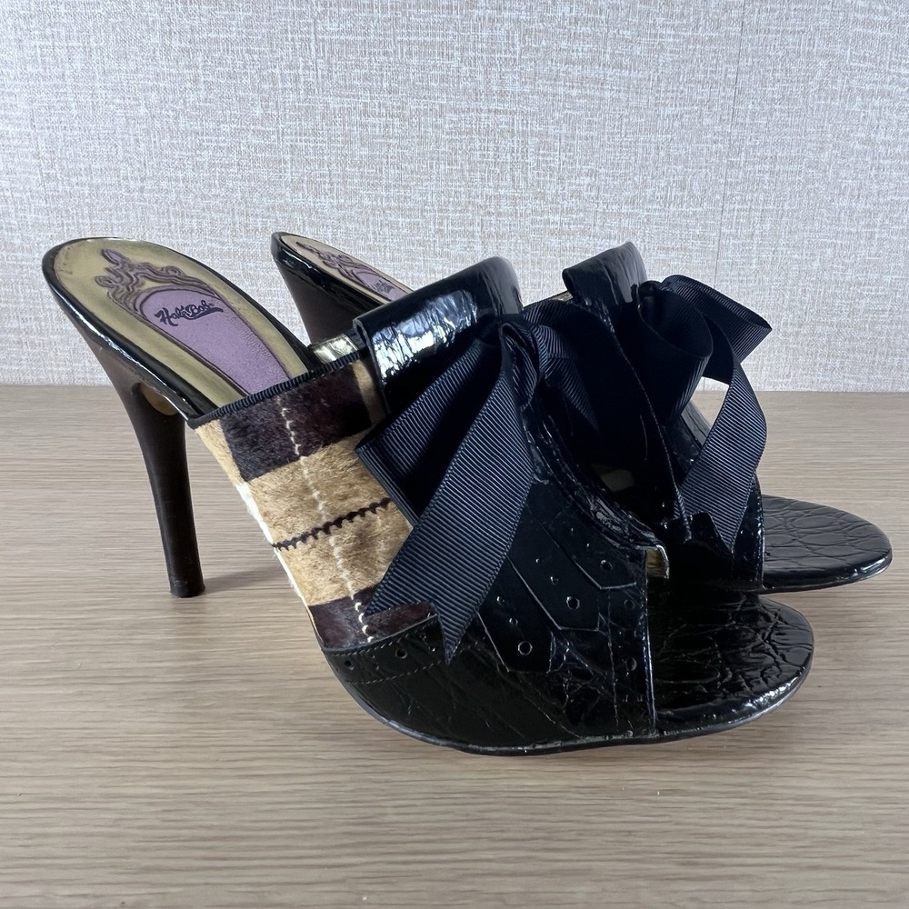 Hale Bob Pony Hair Plaid Patent Leather Mule Heels Bow Peep Toe 10 CityCore - Picture 14 of 14